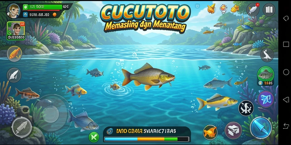 Screenshot utama CUCUTOTO menampilkan pemain yang menangkap ikan besar.