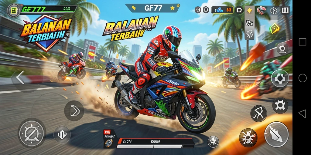 Screenshot gameplay GF777 menampilkan balapan motor yang mendebarkan.