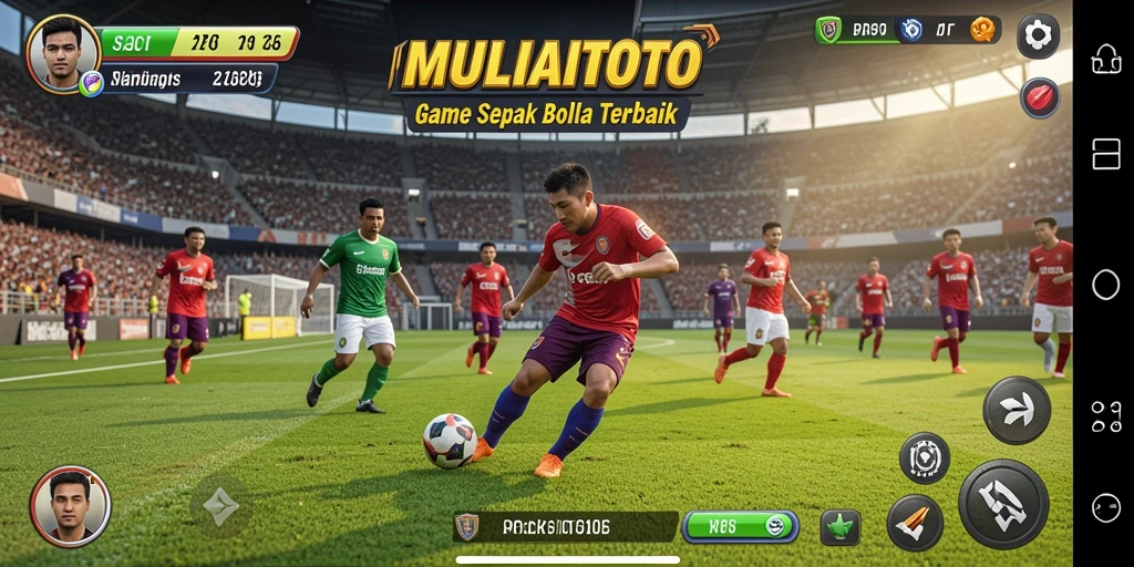 Screenshot gameplay MULIATOTO menampilkan aksi pertandingan sepak bola yang mendebarkan.