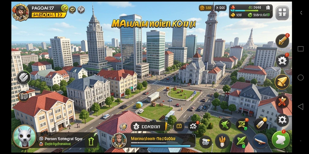 Screenshot gameplay dari PAGODA127 yang menampilkan kota strategis yang dibangun.