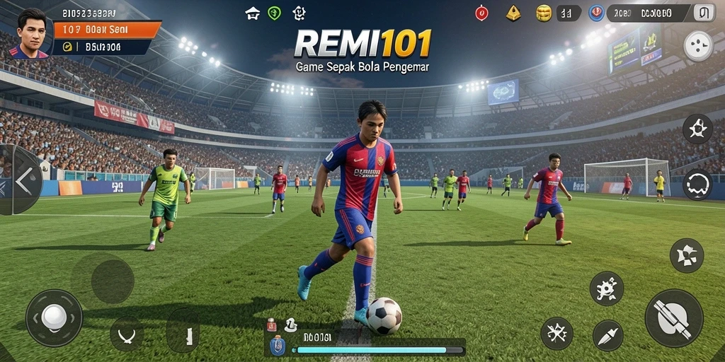 Tampilan gameplay dinamis dan nyata di lapangan sepak bola.