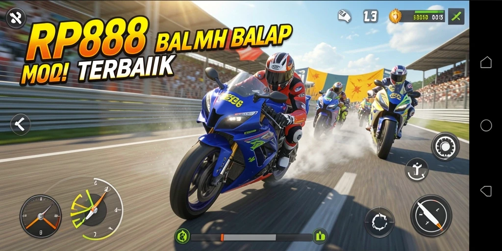 Screenshot RP888 menampilkan aksi balap motor yang mendebarkan.